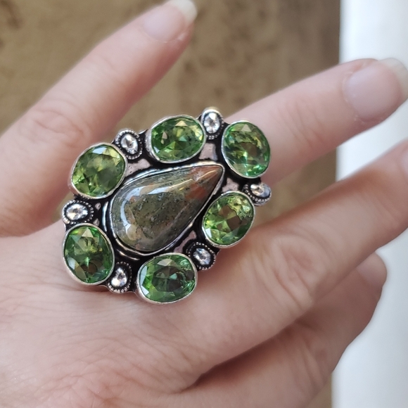 New Unakite and Tsavorite 925 Silver Statement Ring. - Picture 12 of 16